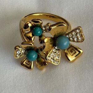 Signed TJ Fallon Vintage Gold Tone Floral Ring Faux Turquoise Rhinestones ©